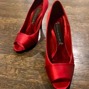 Red Satin Open Toe Heels
